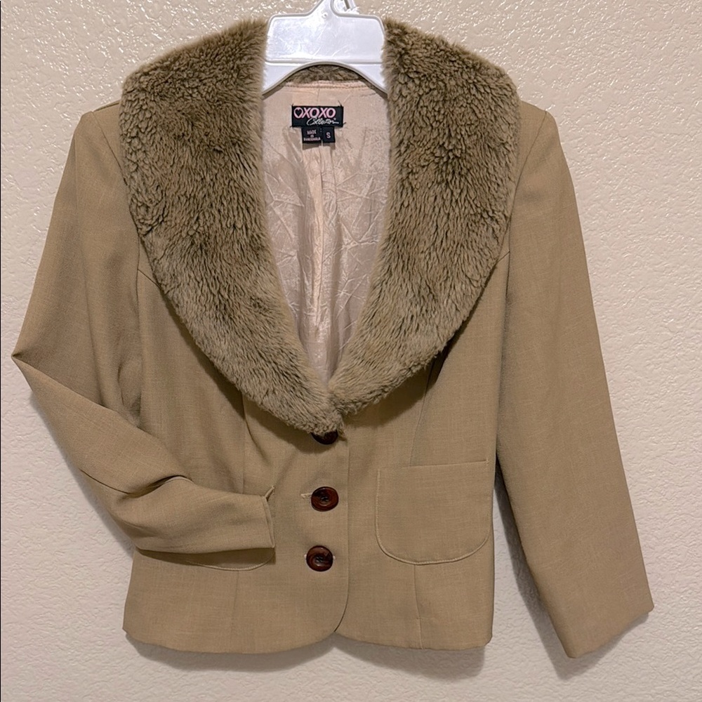 XOXO Collection Tan Blazer with Faux Fur Collar
